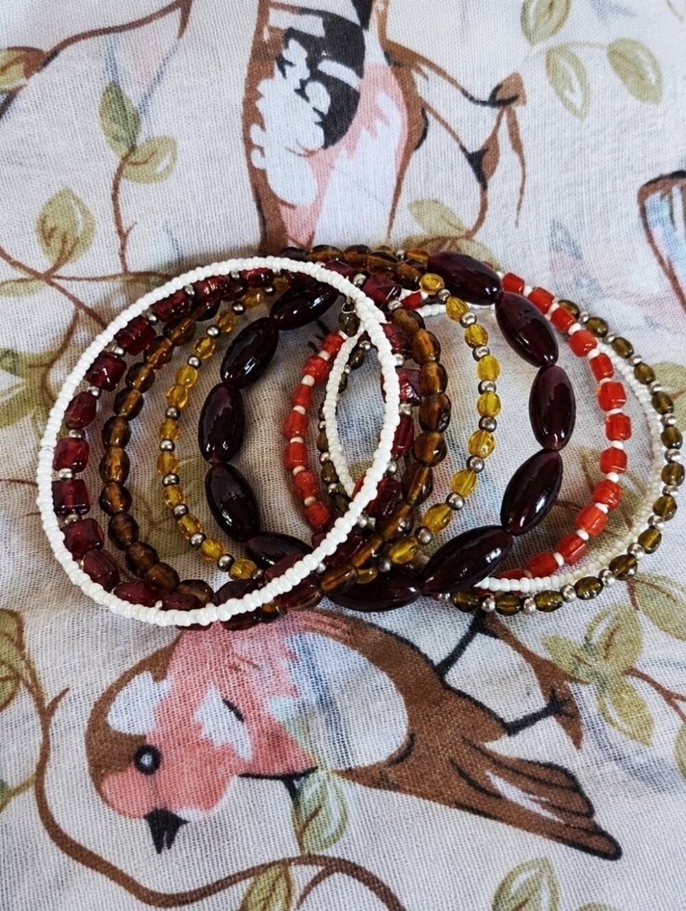 Oversized White Seed Bead Topaz Garnet Color Orange Beaded Memory Wire Bracelet